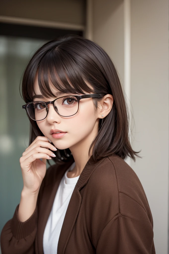 1 girl , with brown eyes, dark hair , shorth hair, use glasses