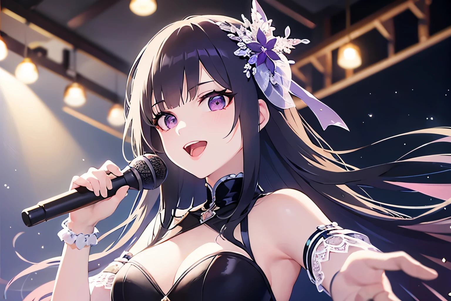 Upper Body, Realistic, real person, (pale skin: 1.2), RAW photo, photorealistic, shiny skin, shiny hair、(25 year old woman with bangs) and (black hair) and (purple eyes) , hair accessory, (white) and (idol girl) 、smile, open mouth, Singing and dancing on stage、