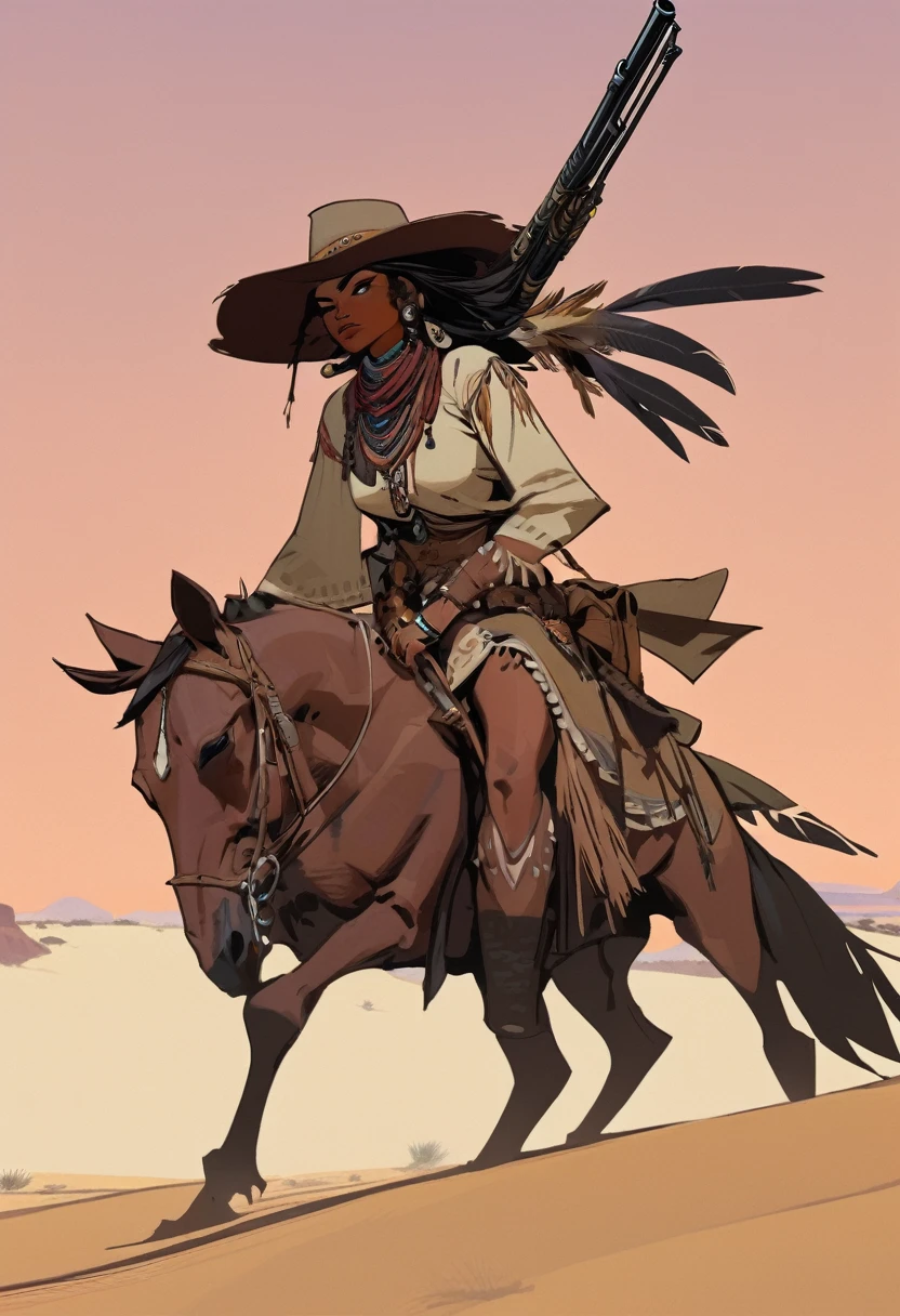 score_9, score_8_up, score_7_up, score_6_up, score_5_up, score_4_up, 1mam , Western, far away, Wild West, red dead Redemption, cartoon art style, Hunting, desert, Nightfall, Indigenous, Solo, Bow, Hunter, Thong, Indian Makeup, No clothes, Crouching, stealthy, long straight hair, Plume 