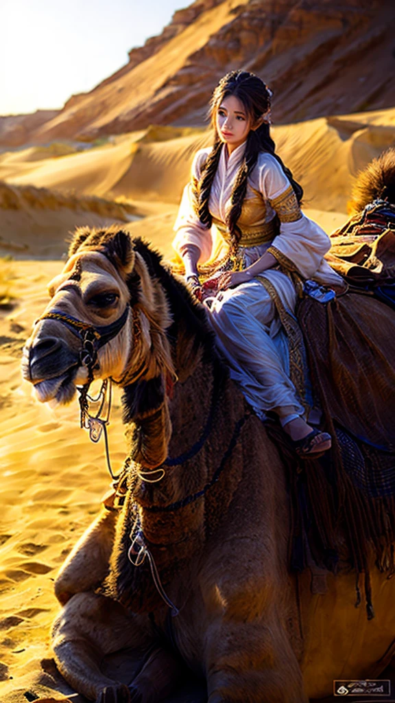 a desert princess riding a camel, beautiful detailed eyes, beautiful detailed lips, extremely detailed face, long eyelashes, intricate jewelry, flowing robes, desert landscape, golden sand dunes, warm sunlight, cinematic lighting, photorealistic, hyper detailed, 8k, award winning artwork, digital painting, concept art