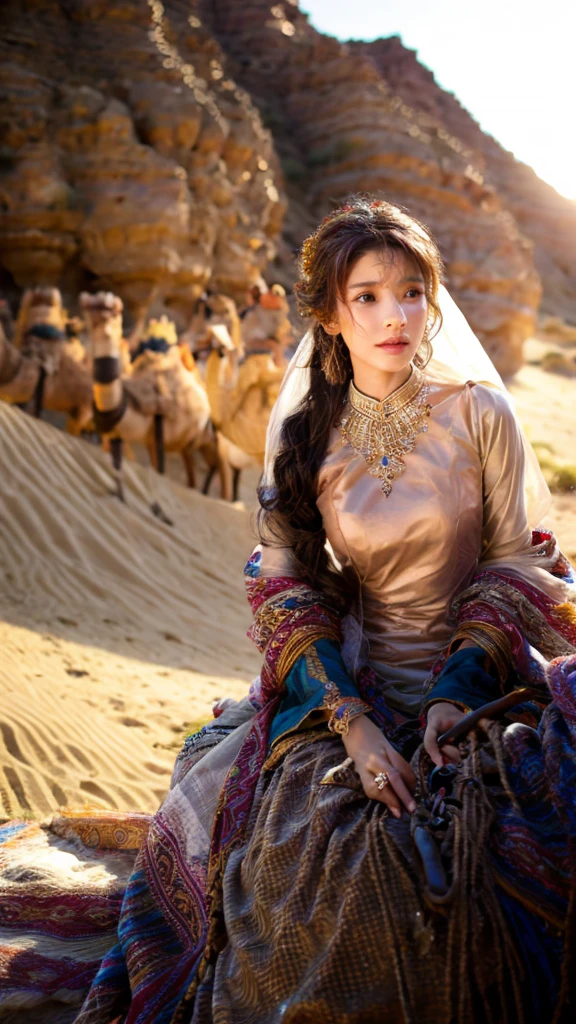 a desert princess riding a camel, beautiful detailed eyes, beautiful detailed lips, extremely detailed face, long eyelashes, intricate jewelry, flowing robes, desert landscape, golden sand dunes, warm sunlight, cinematic lighting, photorealistic, hyper detailed, 8k, award winning artwork, digital painting, concept art