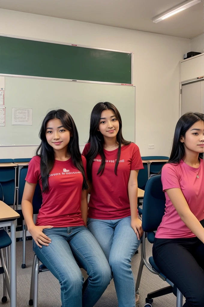 Create a class room atmosphere where students are sitting in a class chairs. There are 3 students sitting together 1st guy asian look with pink shirt second girl with middle east look red shirt and third guy with middle east look with green shirt
