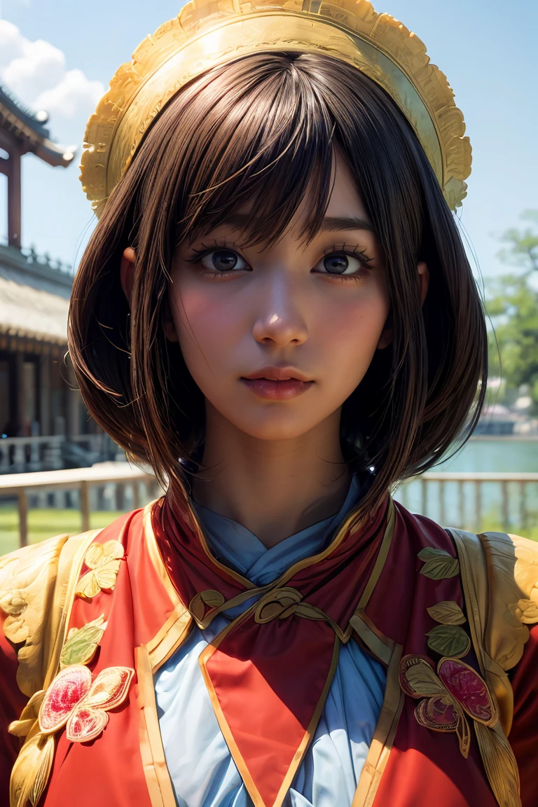 A girl, ancient Chinese costume, whole body, sunshine, clear face, clean white background, masterpiece, super detail, epic composition, ultra HD, high quality, extremely detailed, official art, uniform 8k wallpaper, super detail, 32k