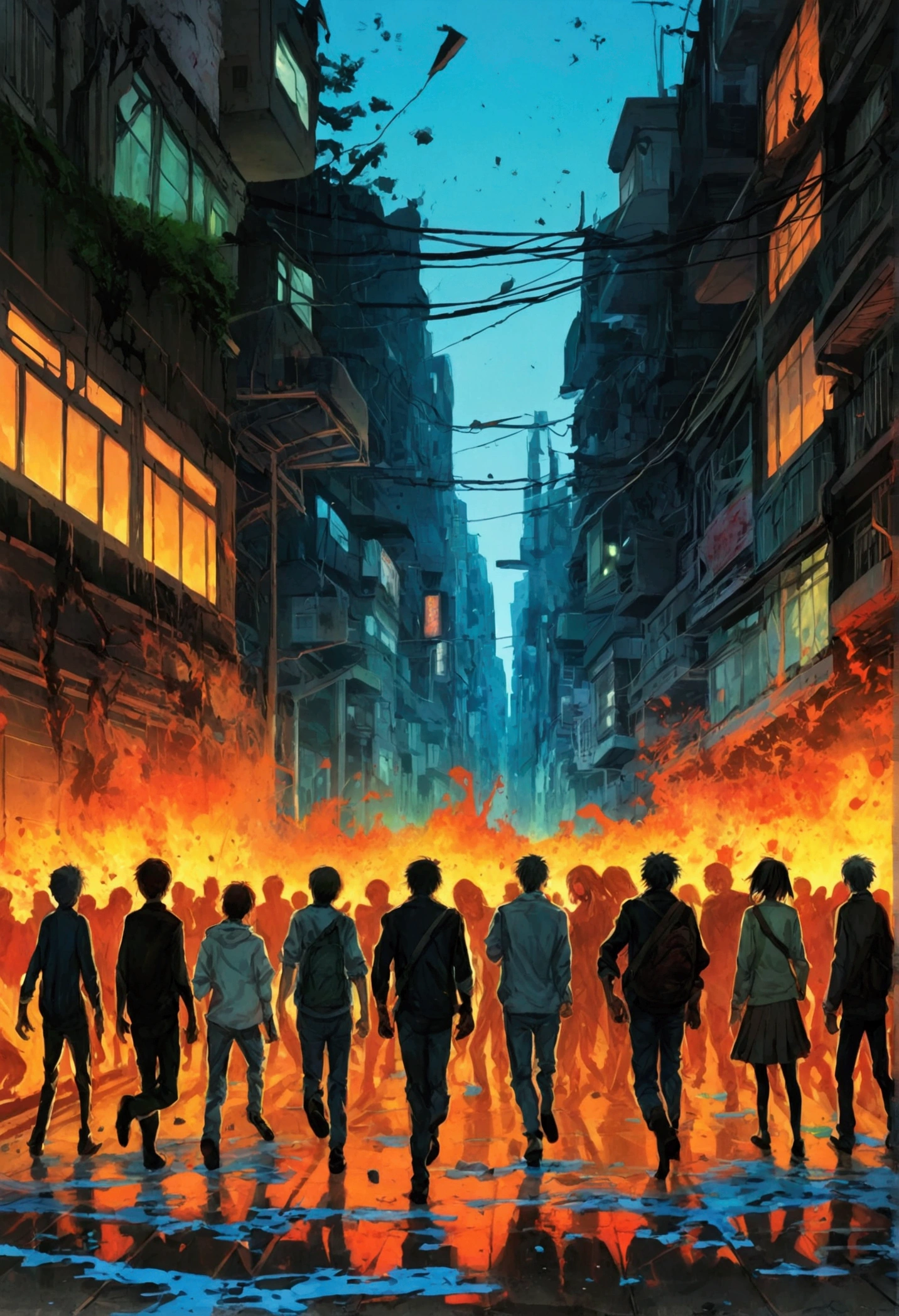( Horizontal paintings are drawn in manga style ) , The scene of a fight between humans and zombies , On the left are humans, on the right are zombies rushing to kill each other 