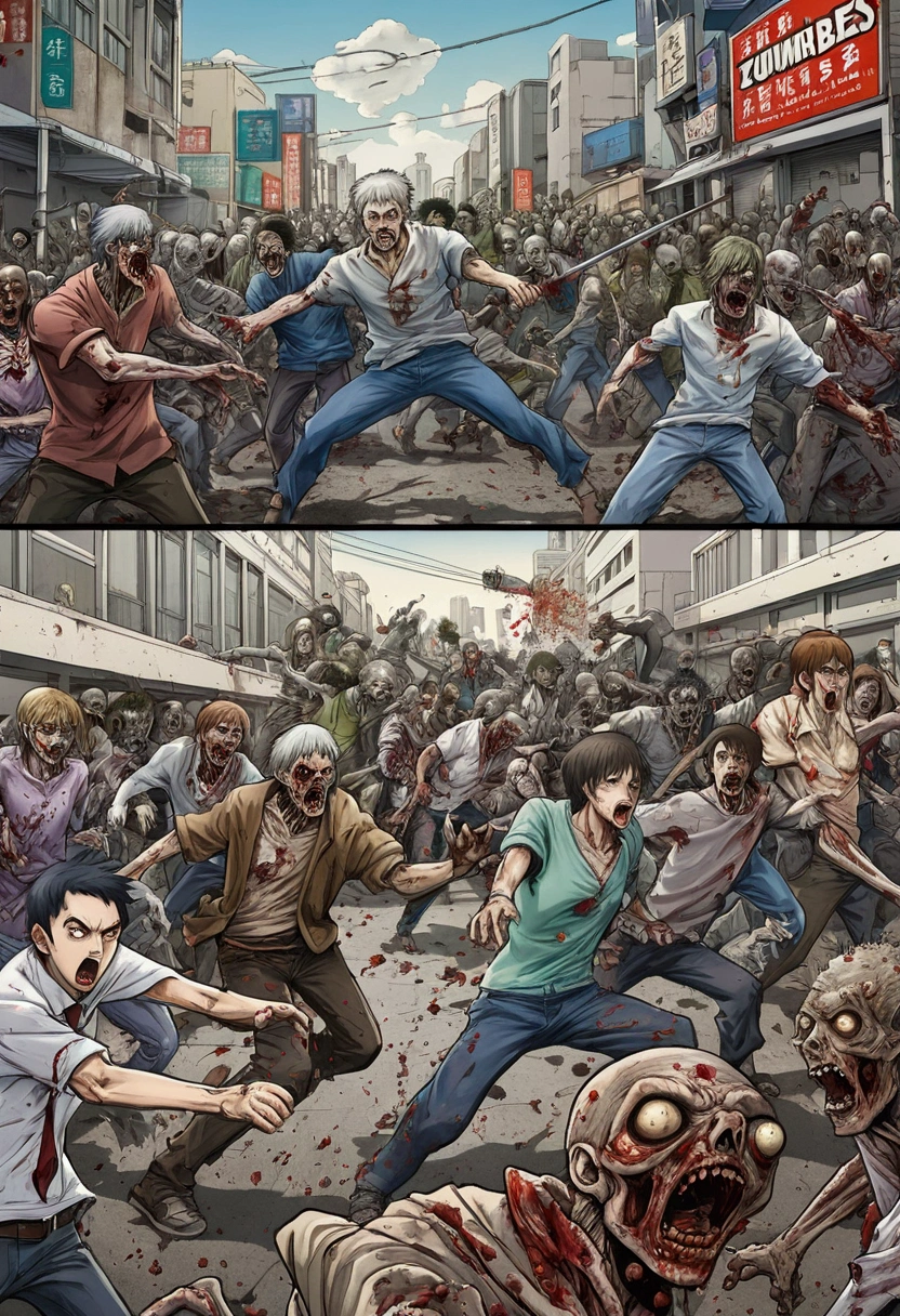 ( Horizontal paintings are drawn in manga style ) , The scene of a fight between humans and zombies , On the left are humans, on the right are zombies rushing to kill each other