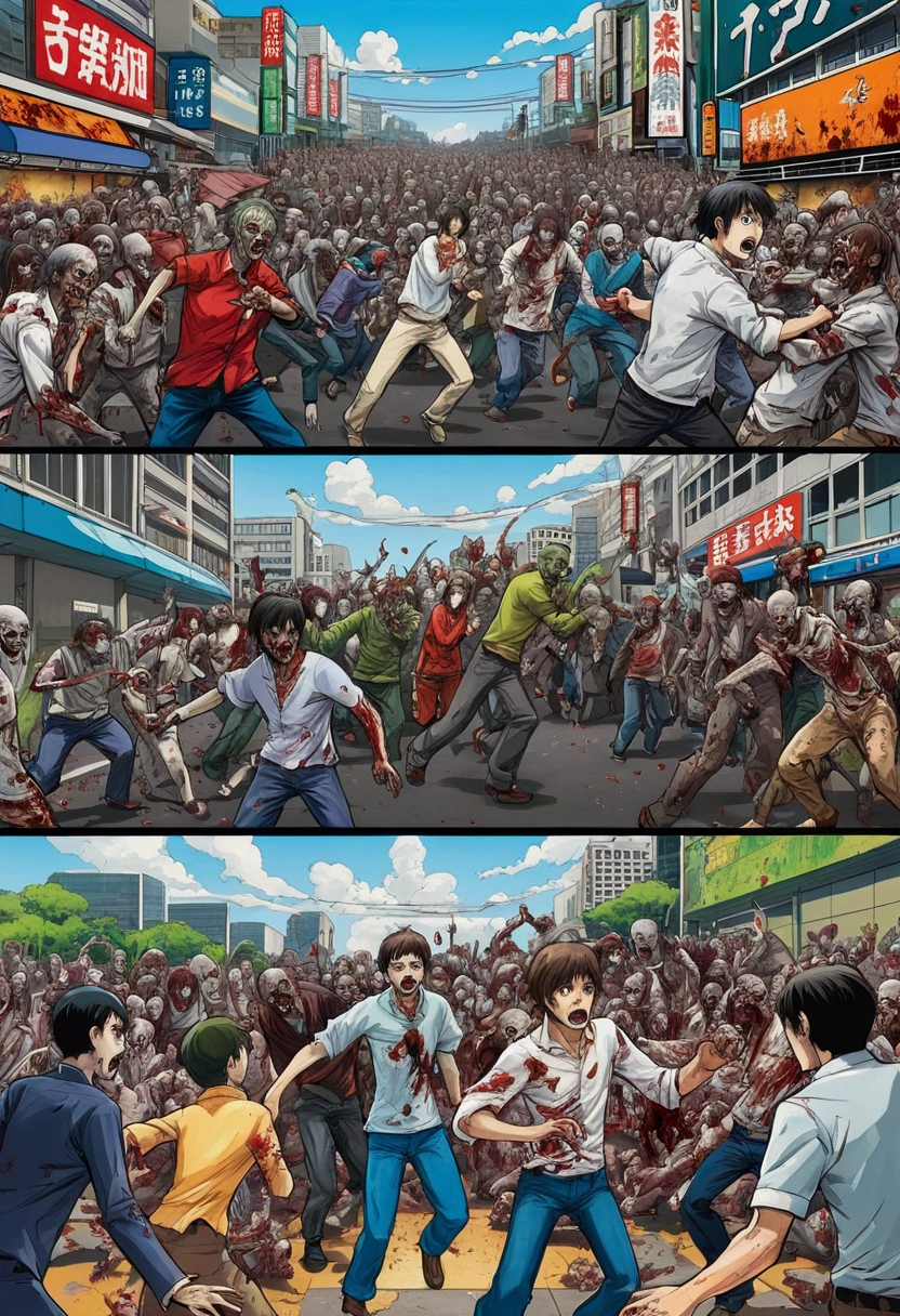 ( Horizontal paintings are drawn in manga style ) , The scene of a fight between humans and zombies , On the left are humans, on the right are zombies rushing to kill each other 