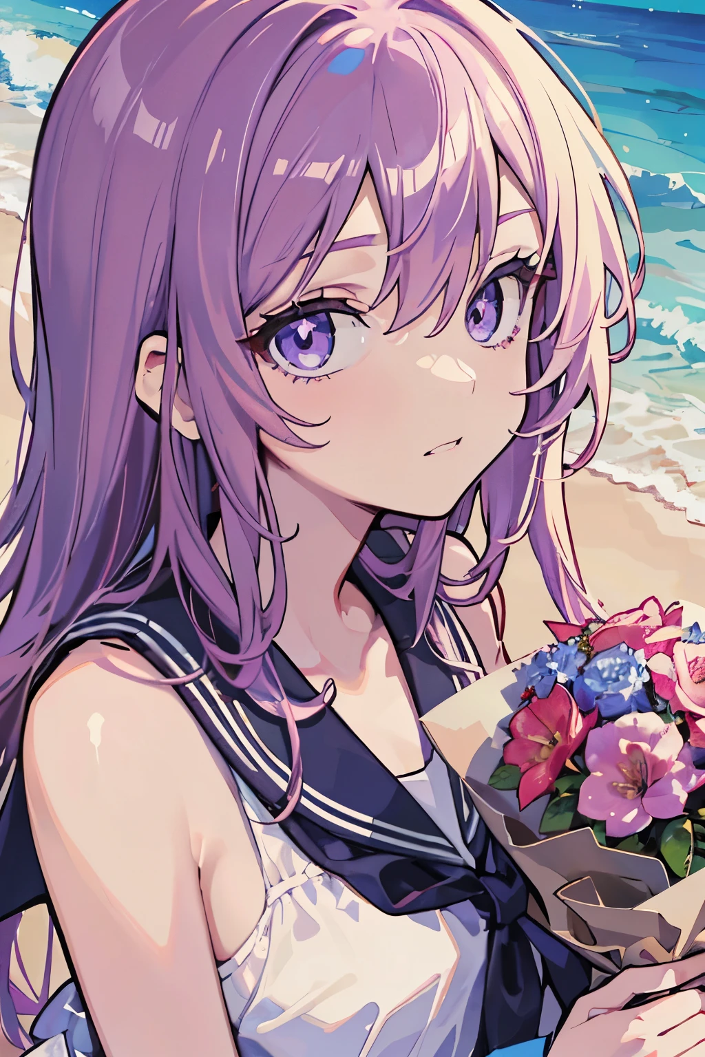 masutepiece, Best Quality, Illustration, Ultra-detailed, finely detail, hight resolution, 8K Wallpaper, Perfect dynamic composition, Beautiful detailed eyes , the beach, Sexy face, Holding flower bouquet:1.5), Purple long hair,Purple sailor ,