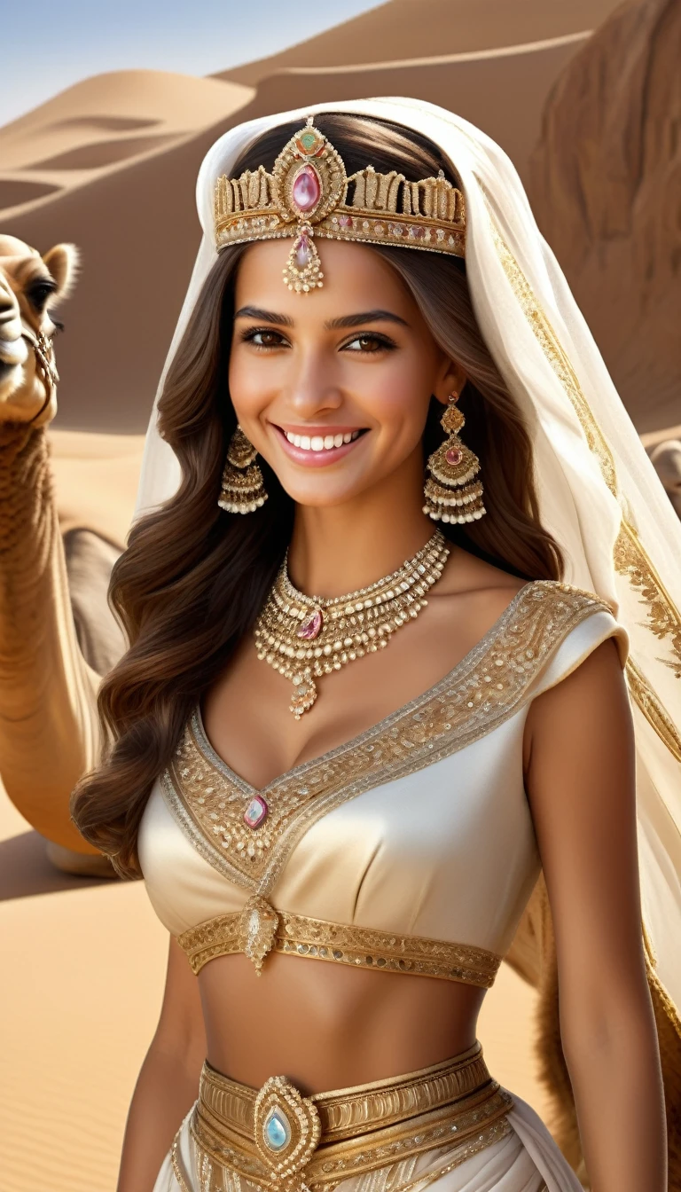 Desert Princess, Masterpiece, high resolution, Realistic, Detailed Description, Anatomical integrity, Camel decorated with a tiara and royal attire, smiling proudly with long lashes down, Smiling Arabian royal girl looking at camels, Surrounded by the royal family's retainers, Royal palace in the desert, Camel in focus
