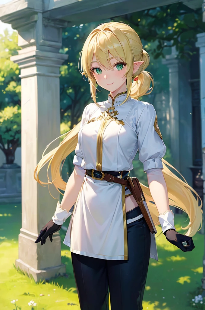 (((masterpiece; best quality: 1.2))), (finely detailed eyes: 1.3), (25 year old elf woman), (solo), (green eyes: 1.4), (body; lithe, fit, femenine: 1.3), (silky blonde hair + low ponytail: 1.3), (beautiful and clear background: 1.2), ((depth of field)), (equipment: adventurer attire + modest + white tunic + black pants + gloves + belt + pouches: 1.3), (anime illustration: 1.2), (background composition; royal garden: 1.1), (extremely fine and beautiful: 1.1), (shot composition; standing + centered on torso + close-up: 1.5), (expression; calm, smile: 1.2)