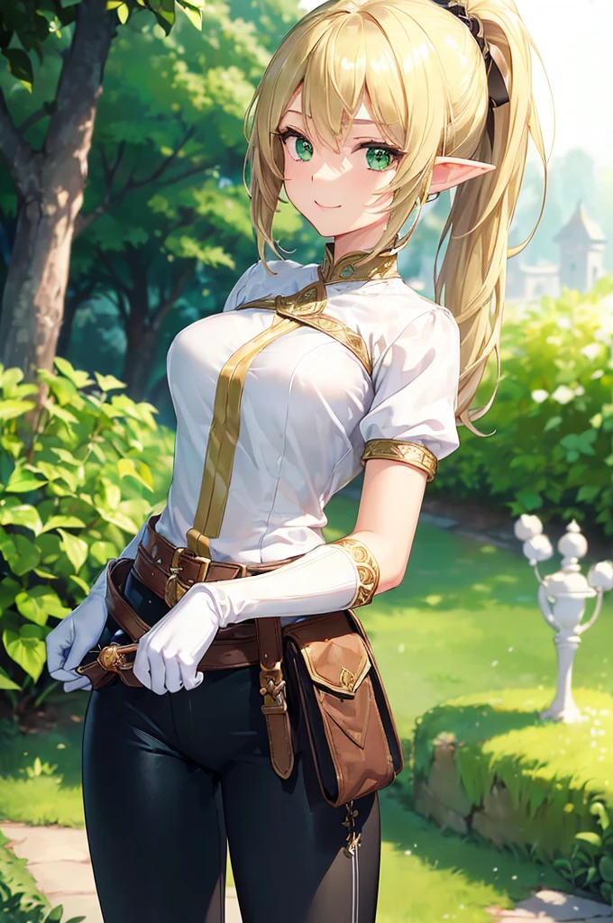 (((masterpiece; best quality: 1.2))), (finely detailed eyes: 1.3), (25 year old elf woman), (solo), (green eyes: 1.4), (body; lithe, fit, femenine: 1.3), (silky blonde hair + low ponytail: 1.3), (beautiful and clear background: 1.2), ((depth of field)), (equipment: adventurer attire + modest + white tunic + black pants + gloves + belt + pouches: 1.3), (anime illustration: 1.2), (background composition; royal garden: 1.1), (extremely fine and beautiful: 1.1), (shot composition; standing + centered on torso + close-up: 1.5), (expression; calm, smile: 1.2)