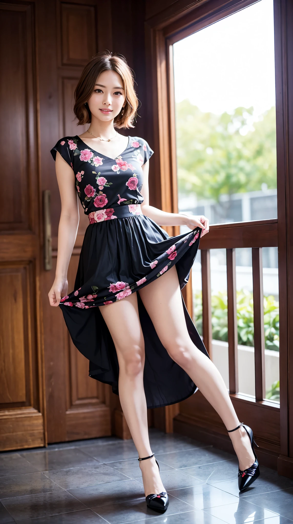((masterpiece)),(((Highest quality))),A low-angle shot that highlights her beautiful thighs and crotch:1.5,Long legs,The best smile:1.5,Slim figure:1.5,whole body:1.5,(One Girl:1.3),(Viewer Display:1.4),(Pointy high heels:1.3),(Stand with legs apart on the top of a mountain:1.2),(Wear a long skirt dress with floral or plant patterns:1.2),Curly and blonde hair:1.5,She pulled up her mid-length skirt dress、Revealing her sexy magenta panties。.:1.2,Raise your hand and jump:1.5,