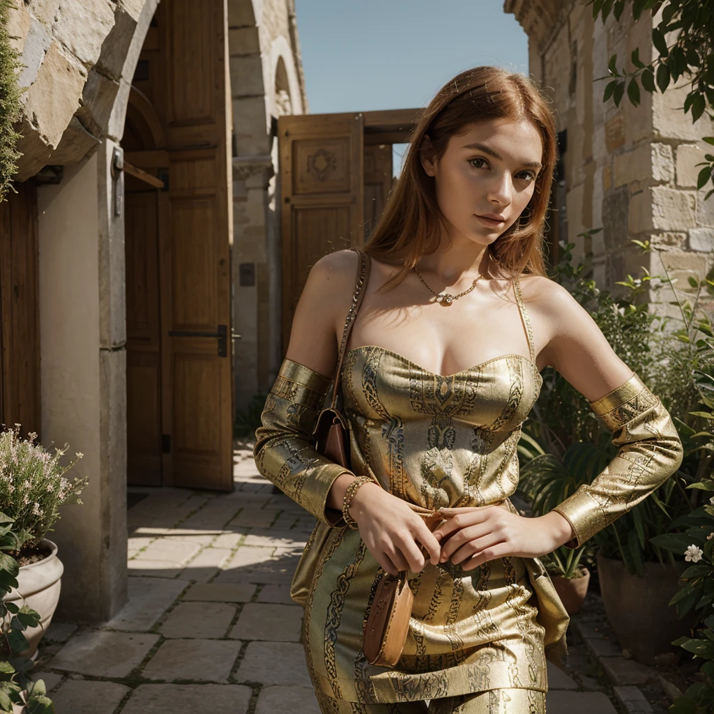 Génère moi la plus belle femme rousse de 25 ans du monde avec un visage ultra réaliste et ultra détaillé unique et très originale , une tenue moulante et bien habillé , des bijoux luxueux des plus grandes marques de bijoux ainsi que des accessoires ceintures …. De la marque Gucci avec un fond d’un paysage de nature tout ça en 8k rtx full graphisme