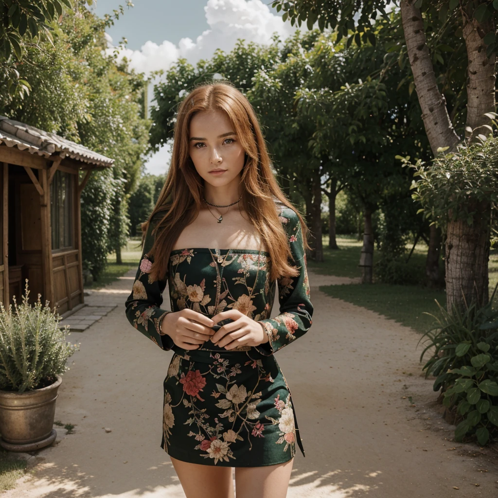 Génère moi la plus belle femme rousse de 25 ans du monde avec un visage ultra réaliste et ultra détaillé unique et très originale , une tenue moulante et bien habillé , des bijoux luxueux des plus grandes marques de bijoux ainsi que des accessoires ceintures …. De la marque Gucci avec un fond d’un paysage de nature tout ça en 8k rtx full graphisme
