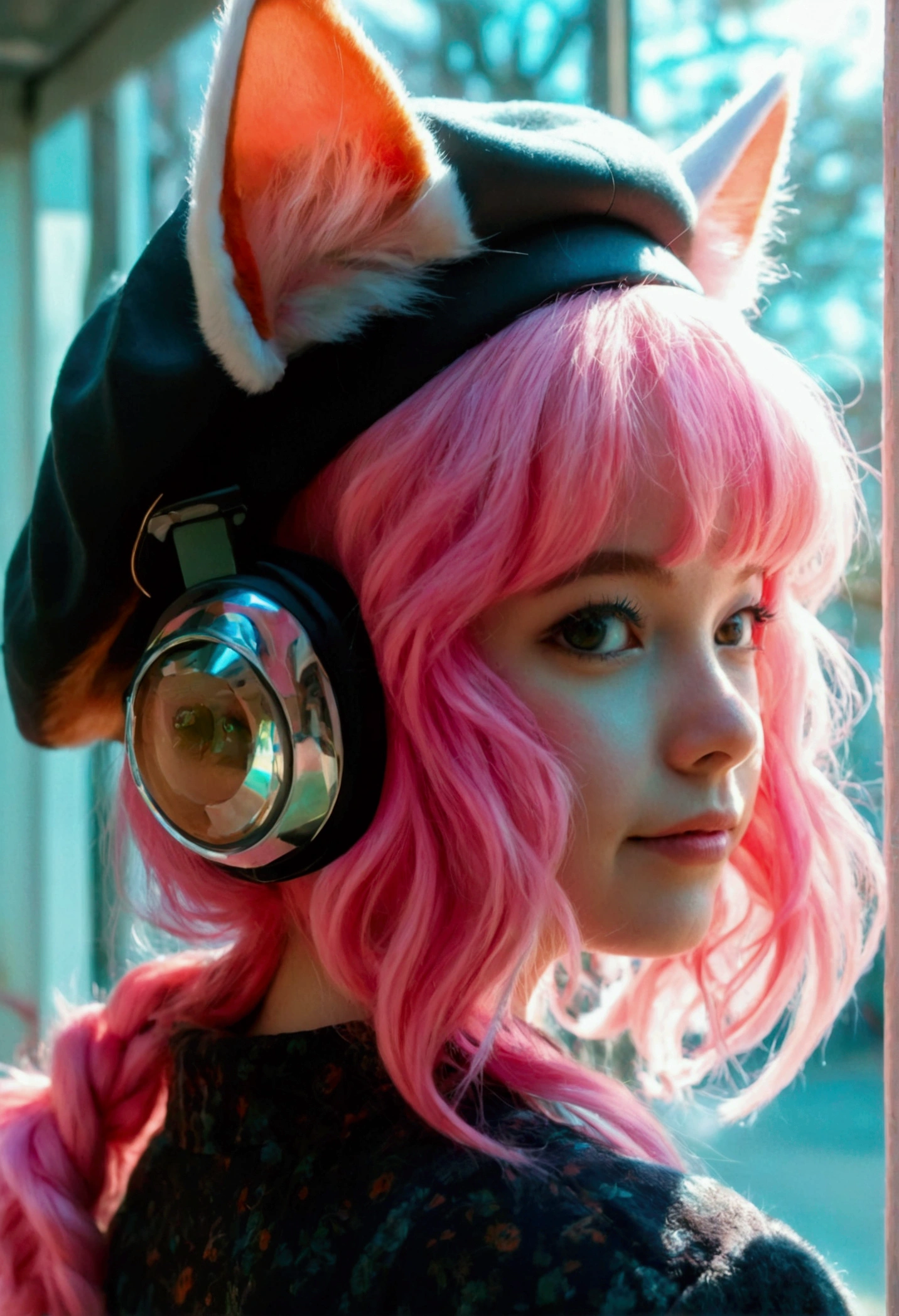 fake animal ears, light smile, ear blush, fang, pink hair, bangs, curly hair, side braid, halo, beret, animal ears, cat ears, Surrealism, drop shadow, anaglyph, stereogram, tachi-e, pov, atmospheric perspective, 8k, super detail, ccurate, best quality