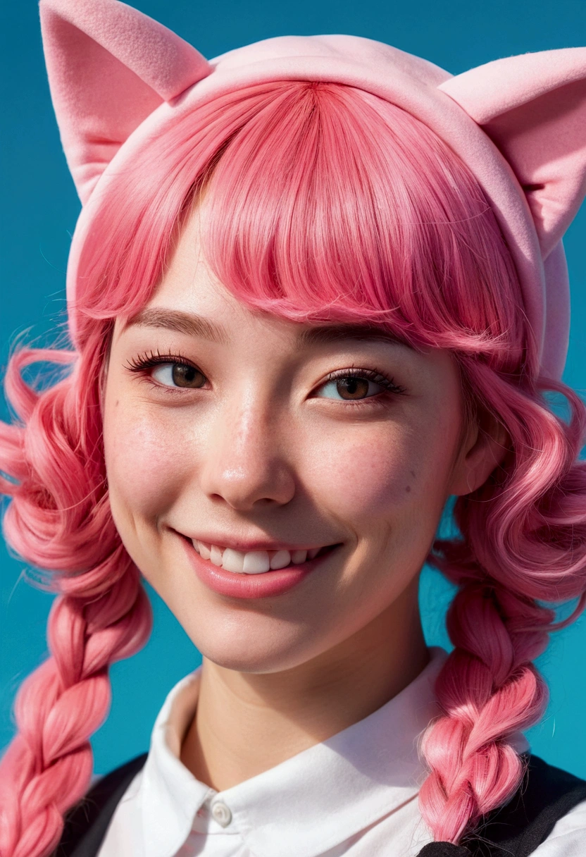 fake animal ears, light smile, ear blush, fang, pink hair, bangs, curly hair, side braid, halo, beret, animal ears, cat ears, Surrealism, drop shadow, anaglyph, stereogram, tachi-e, pov, atmospheric perspective, 8k, super detail, ccurate, best quality