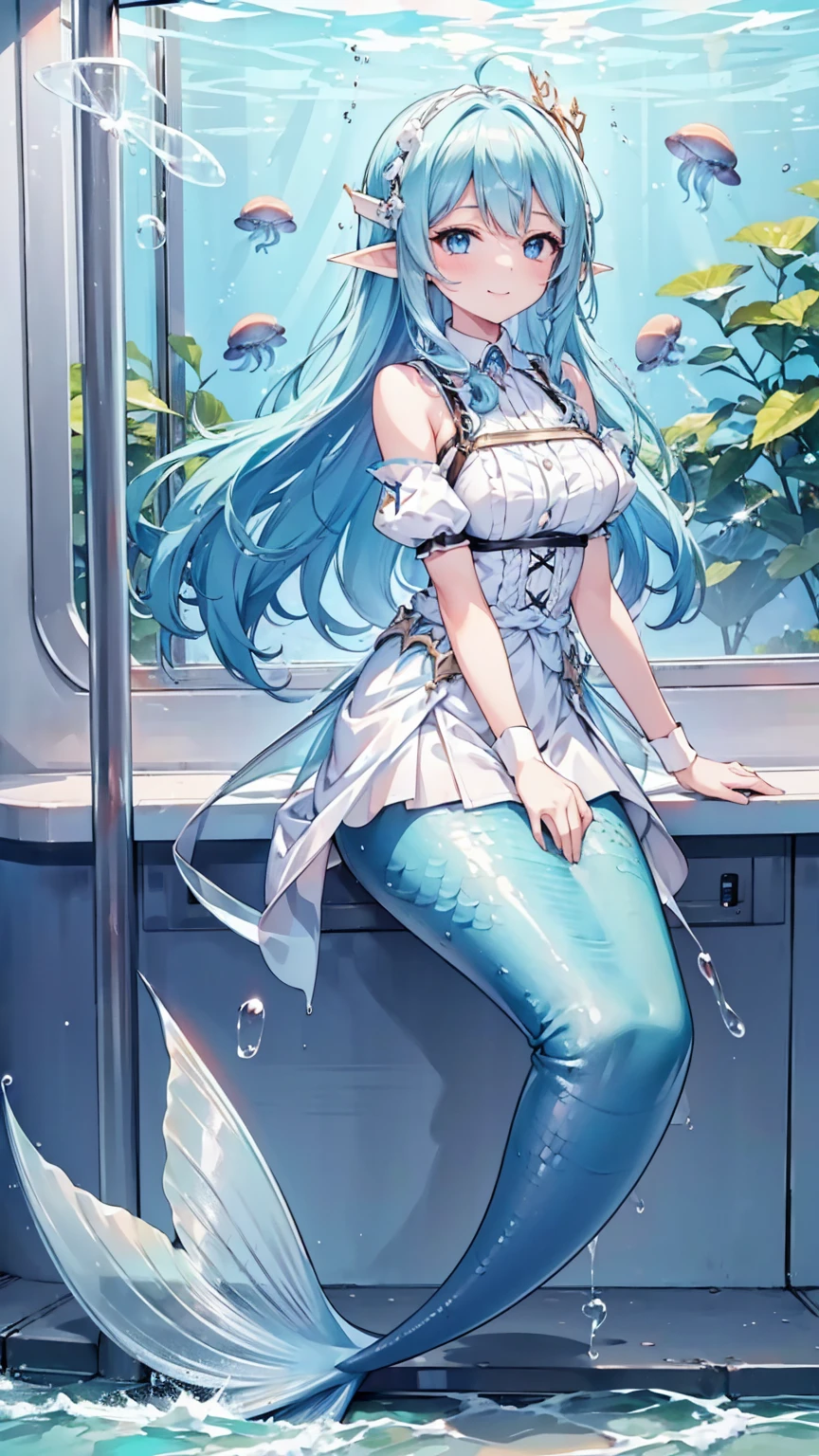 masterpiece, best quality,A girl,Blue Hair,White Dress,Ahoge,blue eyes, Elf ears,独奏,Large Breasts,Mermaid,蓝色的Mermaid尾巴,full-body shot,transportation facilities_against_window,blue theme, (in water:1.2), (air bubble:1.3), Inside the train, (surreal:1.2), (jellyfish:1.2), (whale:1.1),(fish:1.2),blurred foreground,charming face(Kawaii, charming,Soft),Looking at the audience,Smile