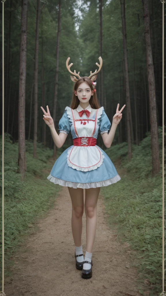 realistic,score_9, score_8_up, score_7_up, 
Hyperrealism，illumination， 1girl, stand, full body, simple background,  small breasts,  from front, Deer antler hairpin，outdoor，Dynamic lens，Dynamic Action，Give a V victory sign, Circus Costumes，Alice in Wonderland，Giant mushroom forest