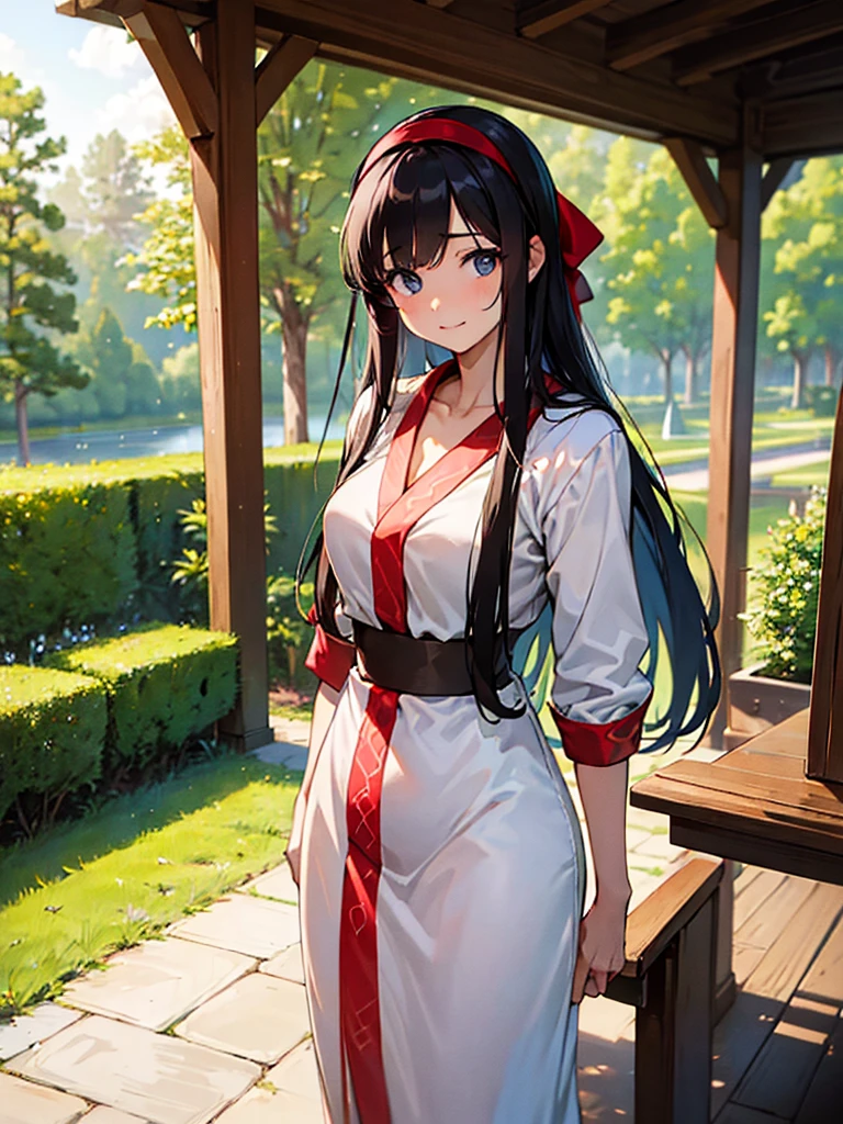 (masterpiece、top-quality、hight resolution), Create an image of a woman with a pure and innocent appearance, dressed in modest and elegant clothing. She should have an air of sophistication and refinement, with a gentle smile and a calm demeanor. The background can be a tasteful and upscale environment, such as a garden or a well-decorated room, emphasizing her outwardly pure and reputable persona. The image should subtly suggest a hidden, more promiscuous side without being explicit. ((red ribbon, hair band, long dress)), Glamorous body, cardigan
