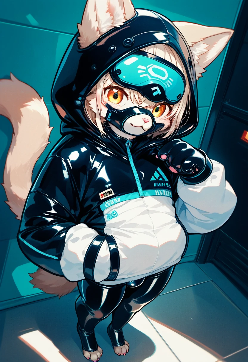 Highest quality, Highest quality, High quality illustrations, masterpiece, Ultra-high resolution, Detailed Background, Games Room, Absurd, Perfect Anatomy, performance, Good lighting, Shadows in the movies(kemono, Furry PersonifiCation), Cat, Dark Skin, Rubber suit, Rubber suit, latex, neon, neonライト, neonカラー, Rubber spats, White rubber hoodie, Rubber mask, ribbon, Embarrassing, Null bulge, male, juvenile, From above