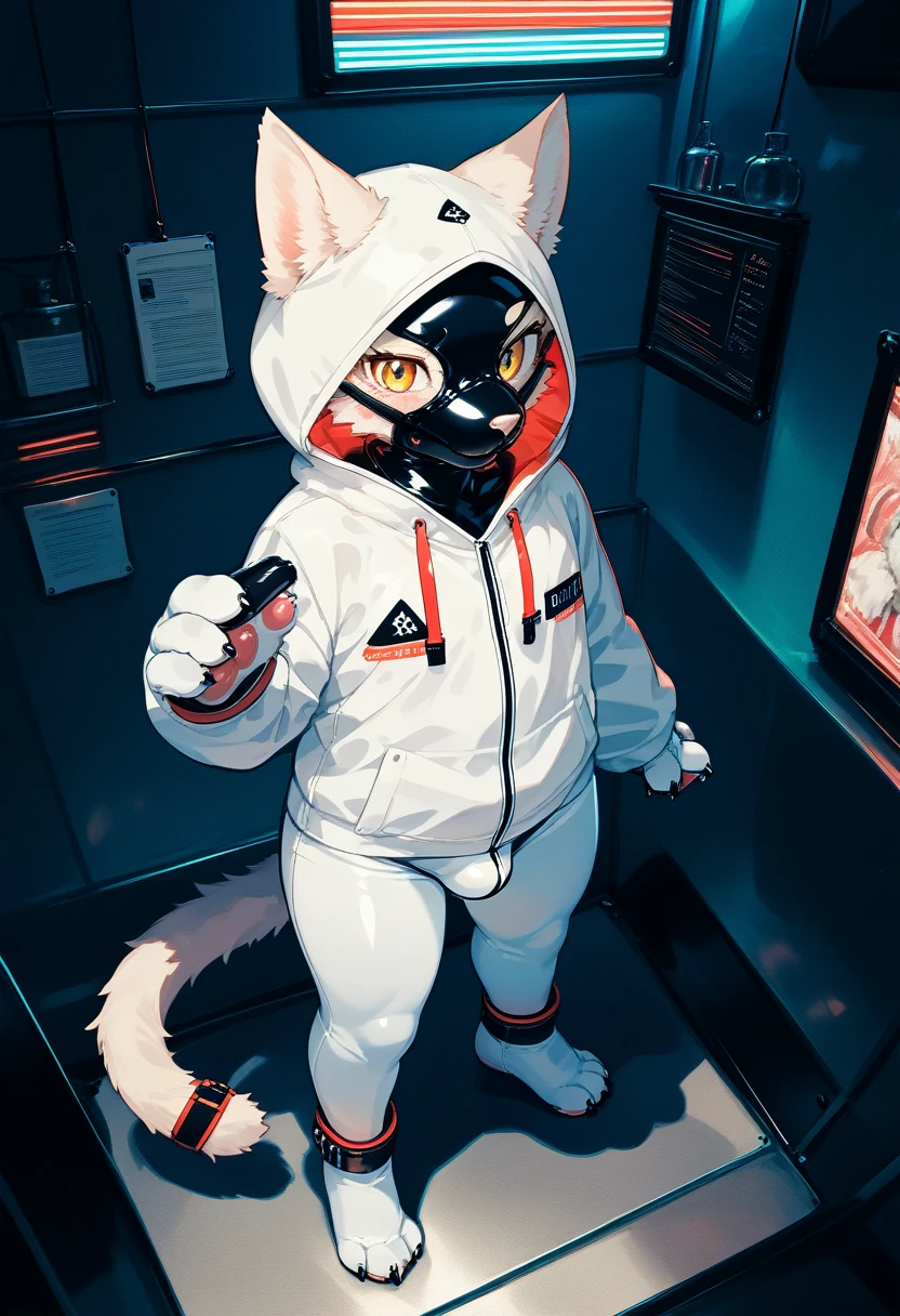 Highest quality, Highest quality, High quality illustrations, masterpiece, Ultra-high resolution, Detailed Background, Games Room, Absurd, Perfect Anatomy, performance, Good lighting, Shadows in the movies(kemono, Furry PersonifiCation), Cat, Dark Skin, Rubber suit, Rubber suit, latex, neon, neonライト, neonカラー, Rubber spats, White rubber hoodie,  Rubber mask, ribbon, Embarrassing, Null bulge, male, juvenile, From above