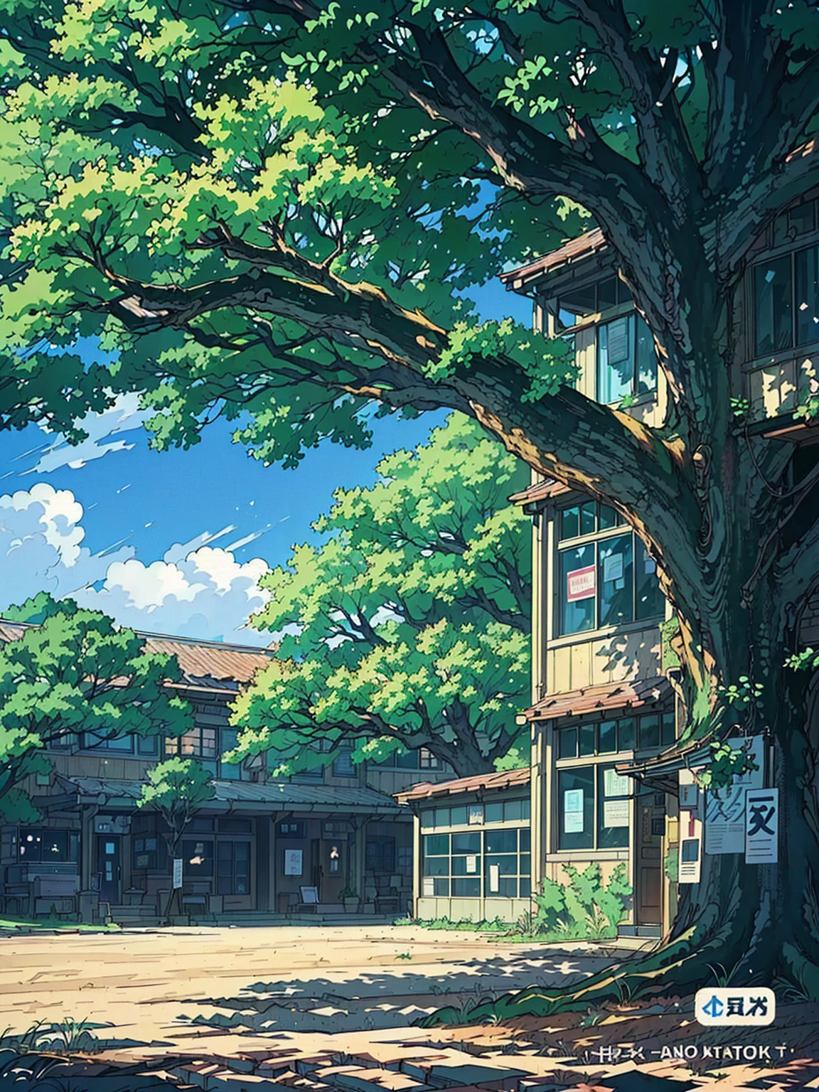 Animation scene of a big tree in front of a building, Anime Background art, Anime Landscape, beautiful Anime Landscape, Anime Background, Anime Landscape concept art, Beautiful anime scene, Anime rural scenery, Anime Landscape, Anime Nature, Makoto Shinkai&#39;s style, Anime movie background, colorful Anime Background, in Makoto Shinkai&#39;s style