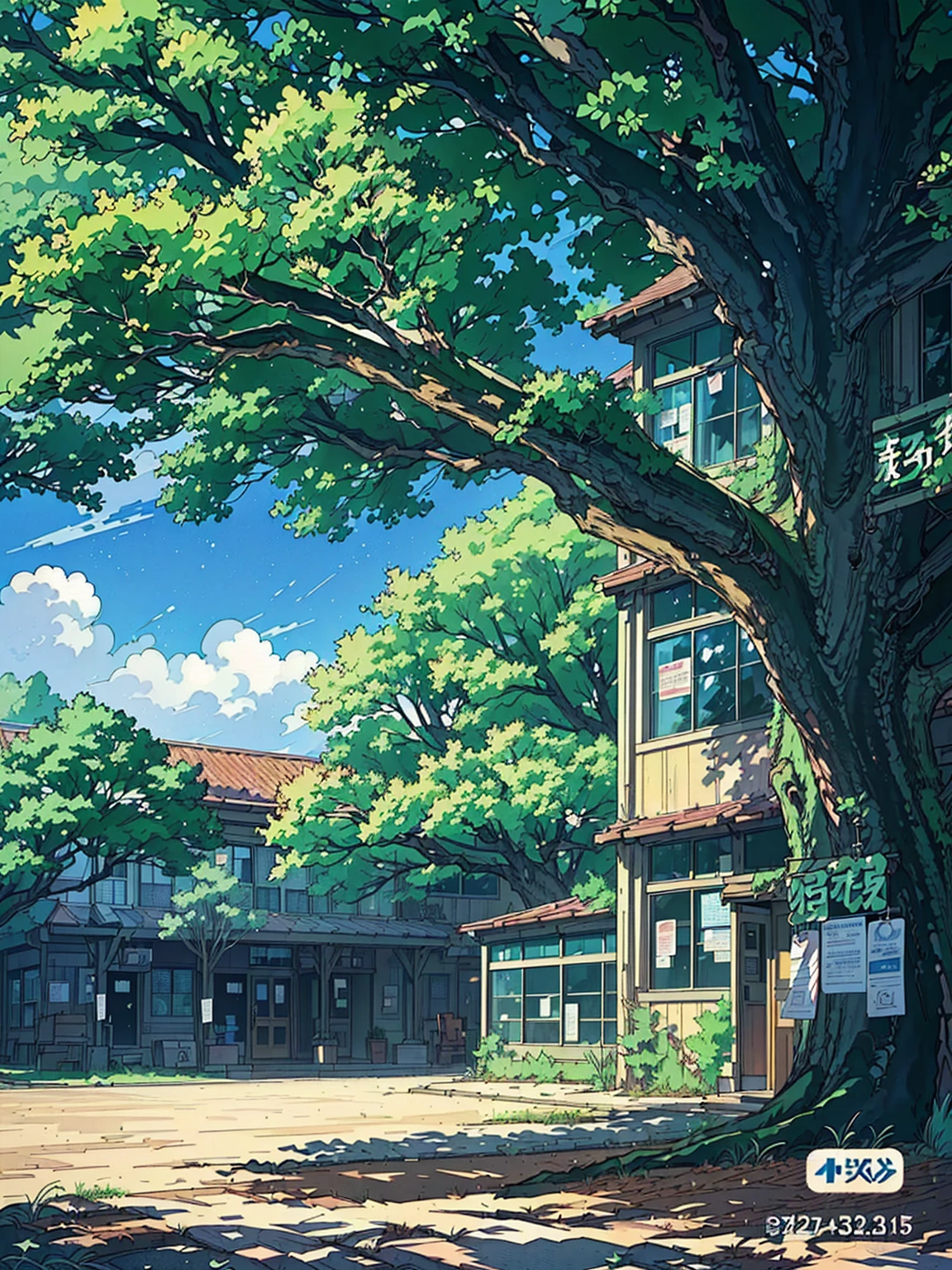 Animation scene of a big tree in front of a building, Anime Background art, Anime Landscape, beautiful Anime Landscape, Anime Background, Anime Landscape concept art, Beautiful anime scene, Anime rural scenery, Anime Landscape, Anime Nature, Makoto Shinkai's style, Anime movie background, colorful Anime Background, in Makoto Shinkai's style