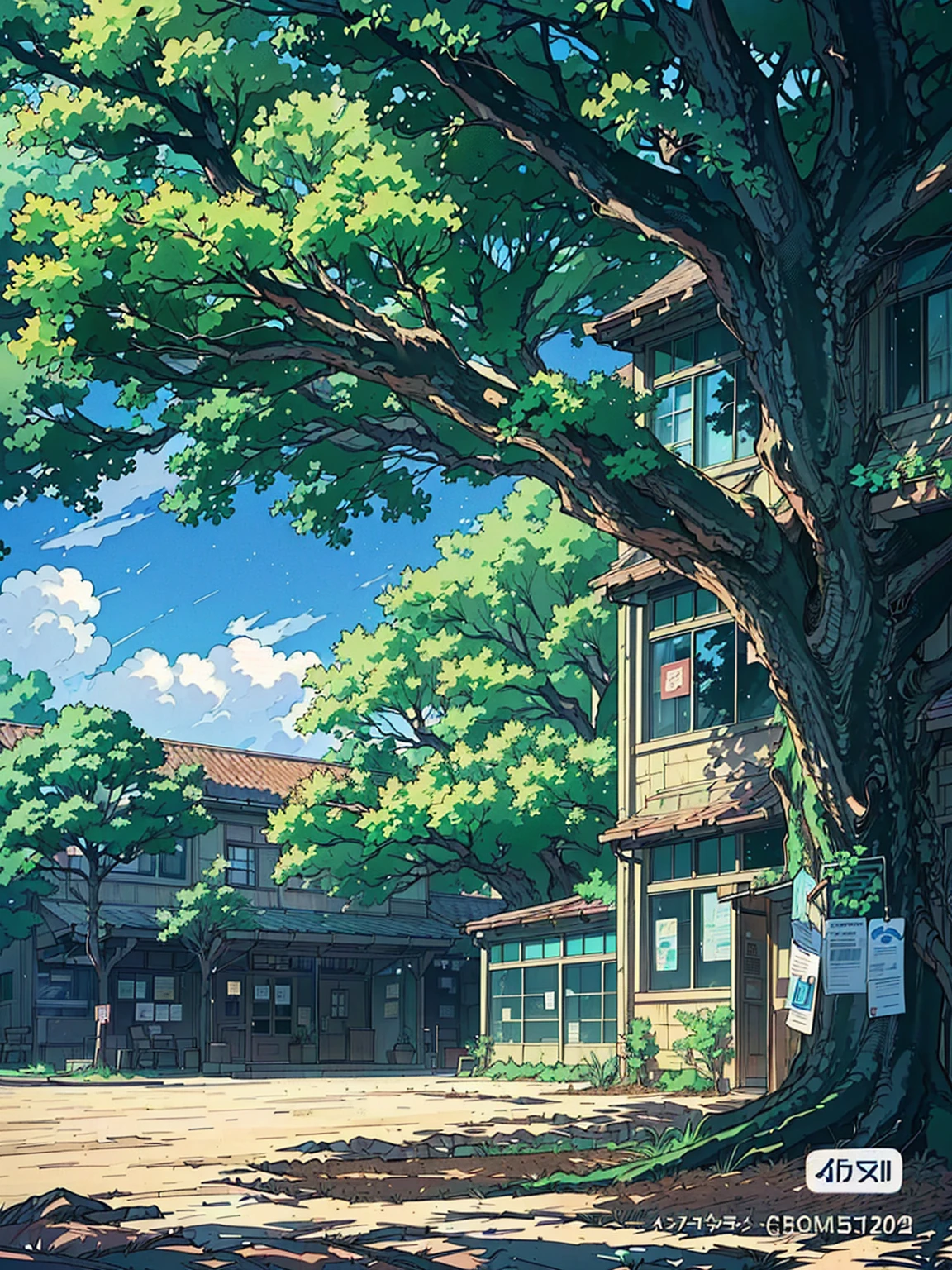 Animation scene of a big tree in front of a building, Anime Background art, Anime Landscape, beautiful Anime Landscape, Anime Background, Anime Landscape concept art, Beautiful anime scene, Anime rural scenery, Anime Landscape, Anime Nature, Makoto Shinkai&#39;s style, Anime movie background, colorful Anime Background, in Makoto Shinkai&#39;s style