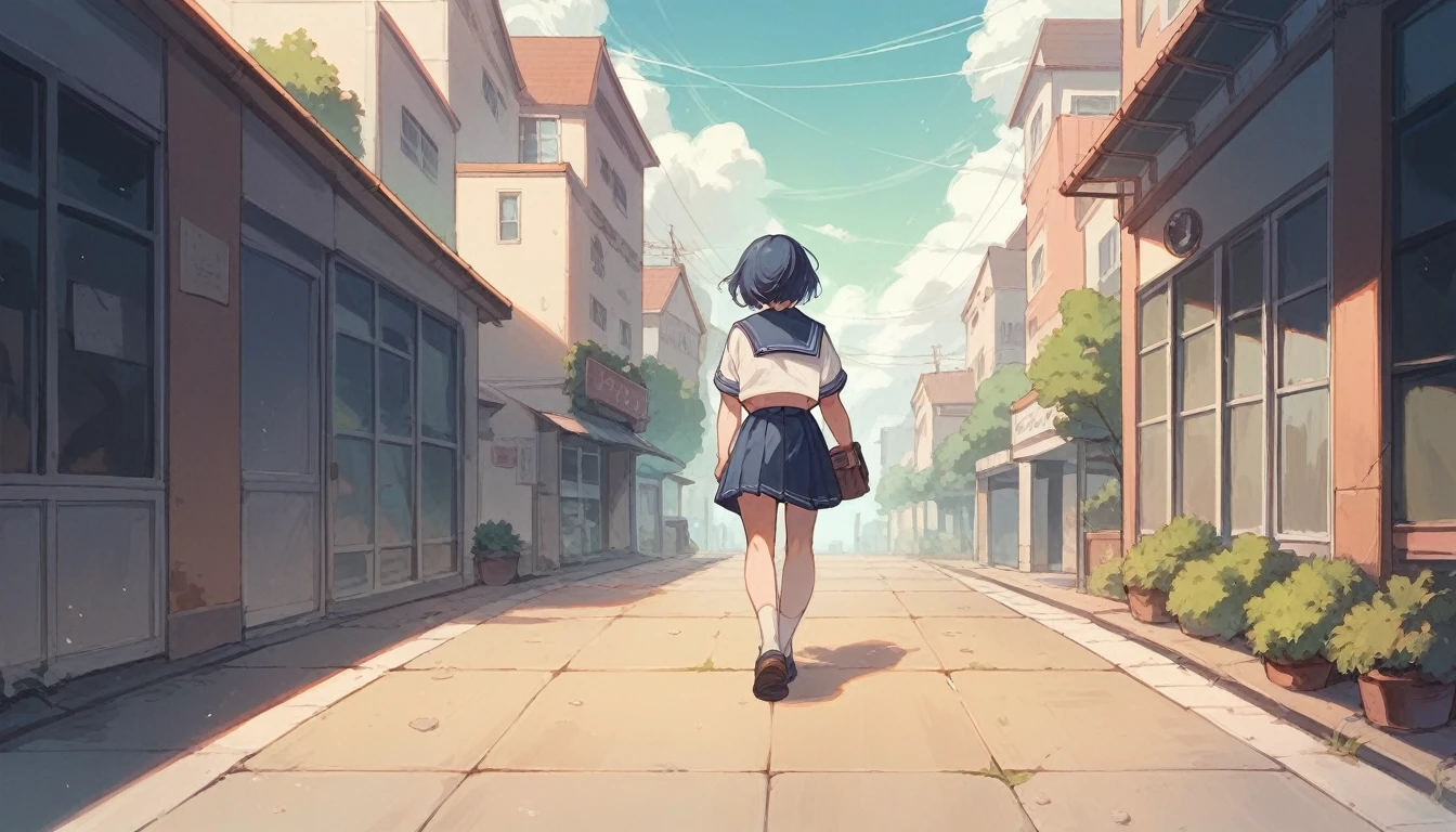 A high school girl wearing a sailor uniform walking at dusk