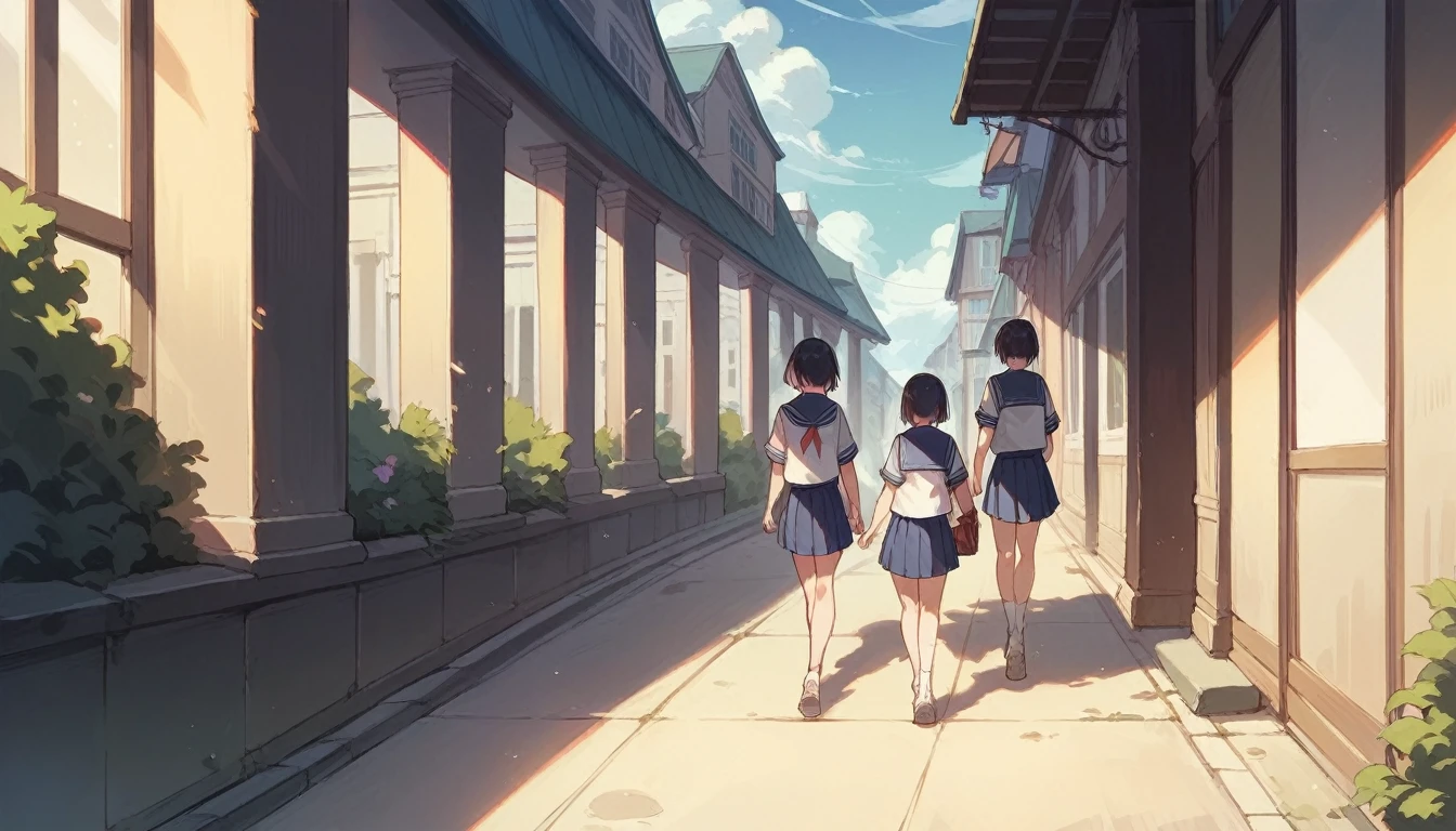 A high school girl wearing a sailor uniform walking at dusk