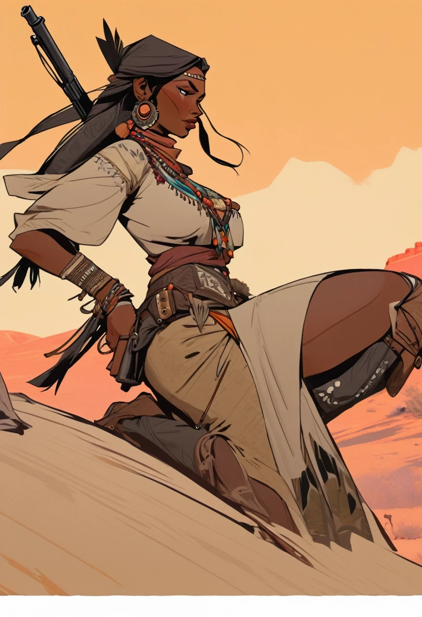 score_9, score_8_up, score_7_up, score_6_up, score_5_up, score_4_up, 1womam , Western, far away, Wild West, red dead Redemption, cartoon art style, Hunting, desert, Nightfall, Indigenous, Solo, Bow, Hunter, Thong, Indian marks, Crouching, stealthy, long straight hair, Plume, slim body