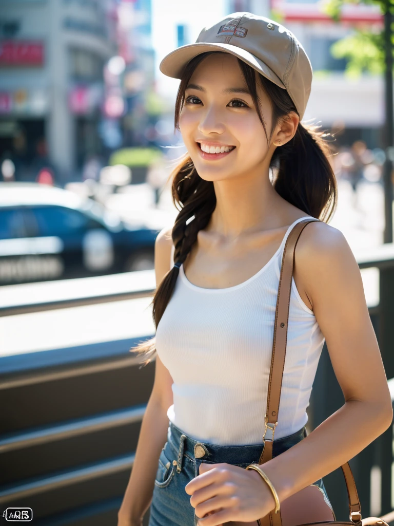 ((Ultra high resolution, highest quality, masterpiece: 1.2), (realistic, photorealistic: 1.37), highly detailed, (Sunny daytime in Shibuya, professional lighting, photon mapping, radiosity, physically-based rendering, masterpiece, rich details, background blur))
A cute Japanese woman, 18 years old, wearing a casual outfit. The outfit consists of a white baseball cap, a pink sleeveless crop top, and dark brown pants. She is carrying a small, textured handbag. Her hair is styled in long, wavy twin-tails with a light brown color, partially hidden under the cap. She has a happy smile, showing her teeth, and has glossy skin and shiny hair. The scene is highly detailed, with professional and realistic lighting. The style is realistic and photorealistic, with extreme attention to detail, and the character has an anatomically correct body structure. The character has a nice body and very beautiful skin. She is facing to the right, looking away from the camera with a natural, candid expression. Her gaze is directed to her right, avoiding the camera completely. (Correct body structure, accurate anatomy, ultra-high quality, realistic lighting, nice body, very beautiful skin, sunny daytime in Shibuya, background blur, facing right, looking away from the camera, natural candid photo)