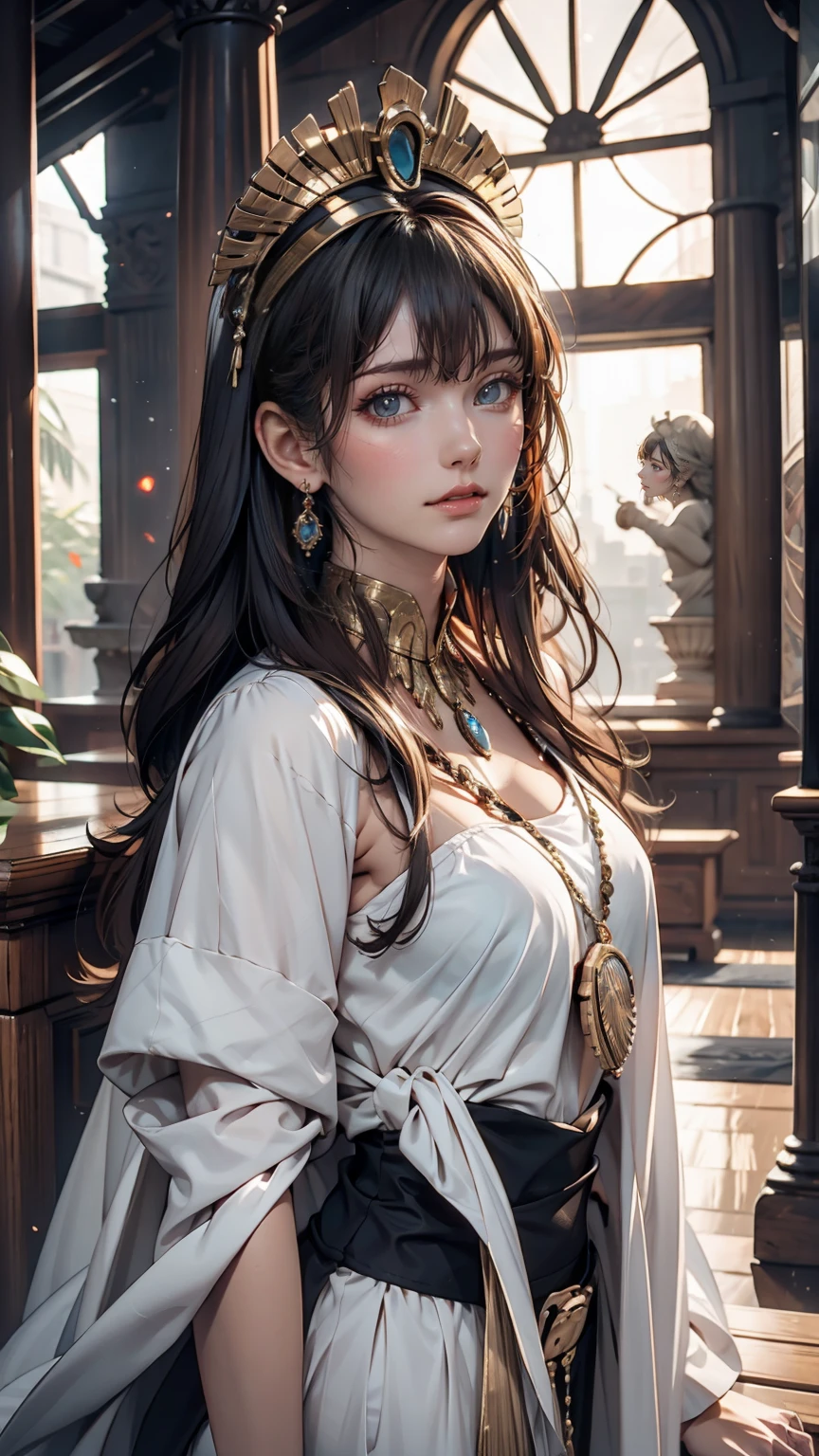 ((最high quality, 8K, masterpiece: 1.3, Ultra HD, high quality, 最high quality, High resolution, realism)) 、Egyptian Pharaoh、Cleopatra、Black Hair、Bangs(Horizontal)、Cleopatraカットヘアー、Ancient Egyptian Dynasty Decoration、Ancient Egyptian Palace、Hieroglyphics carved into the pillars、