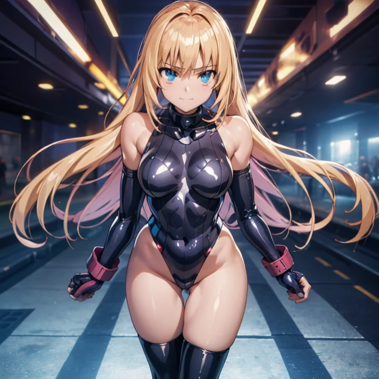 Very detailedな, Explicit, Beautiful body, Beautiful Nose, Beautiful character design, Perfect Eyes, Perfect Face, Ultra-high resolution, 4K, Beautiful legs, Perfect Legs, Nice hands, Perfect hands, masterpiece, Highest quality, Very detailed, shape, Confused, Street Fighter, Doll Suit, シャドルー人shape, Doll Suit, Expressionless, Hollow Eyes, Looking at the audience, Red gloves, emotionless, black latex, corruption, Mind control, Female Fighter, whole body, Hypnosisにかかった, Unfortunate trance, whole body suit, ribbed bodysuit, Place your arms at your sides, Follow, Perfect female body, extremely glossy latex, Hypnosis, Hypno Lola, Hollow Eyes, Mind control装置, stop temporarilys, Obedient_stop temporarily, slave, have, tie, Are standing, Are standing up straight, 注意してAre standing, have, yellow tie, belt, latex, ribbed bodysuit, Knee socks, garter belt, Preparing for battle, Extend your right arm from your shoulder、Stretch your hands in the air., military, Thigh-high boots, alone, Classroom of the Elite, ichinose honami, Pink blonde hair, blue eyes, Long Hair, Big Breasts, Wicked Smile, With an Wicked Smile, A glittering and flashy cyberpunk night view、Stretch your toes,