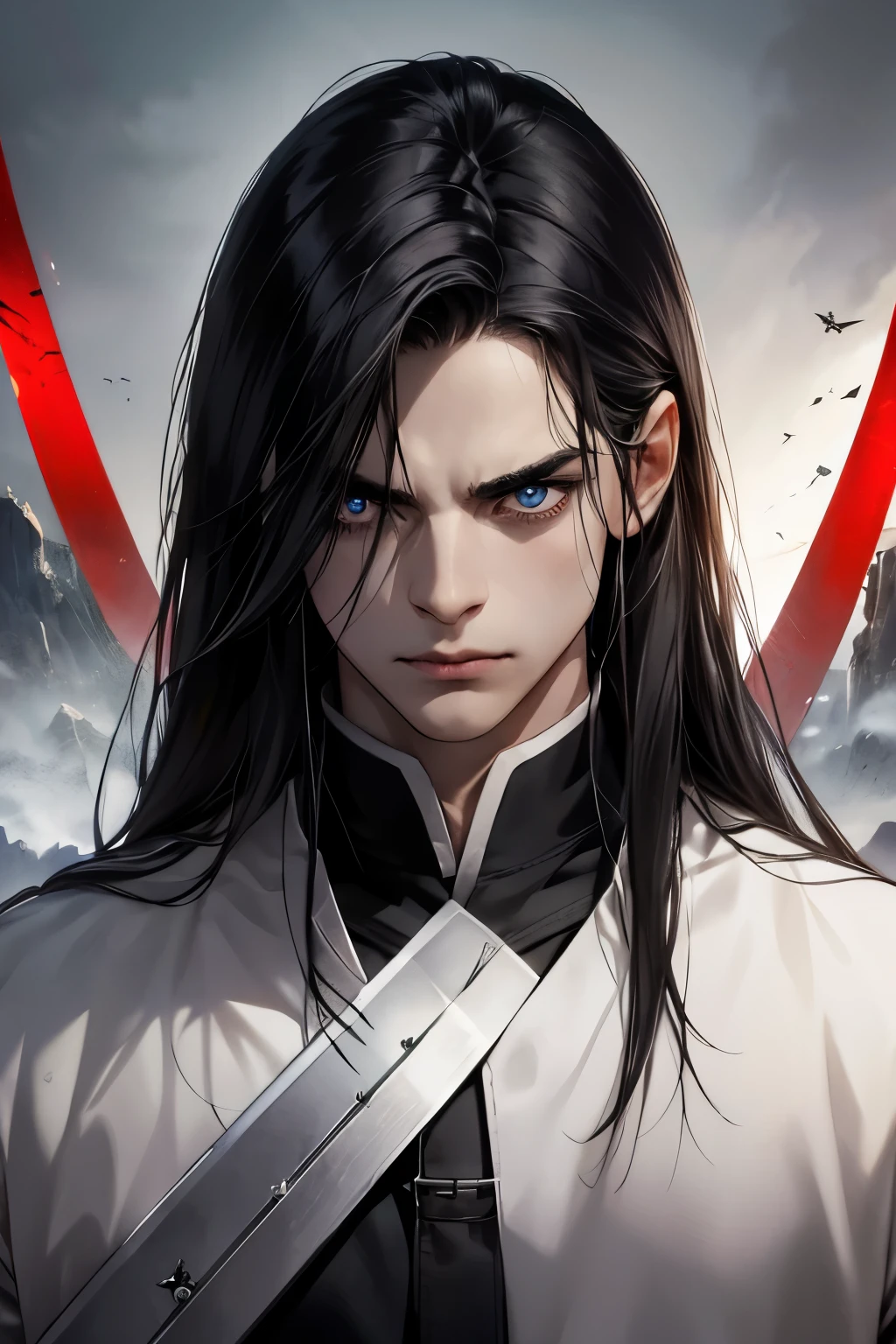 batllefield background, sword fighting in background, Man in front Despair eyes, Still glittering with hope. Black hair, looking front eyes on front, Sharp eyes but in sadness, white coat, with red strips, long hair, expressionless face.