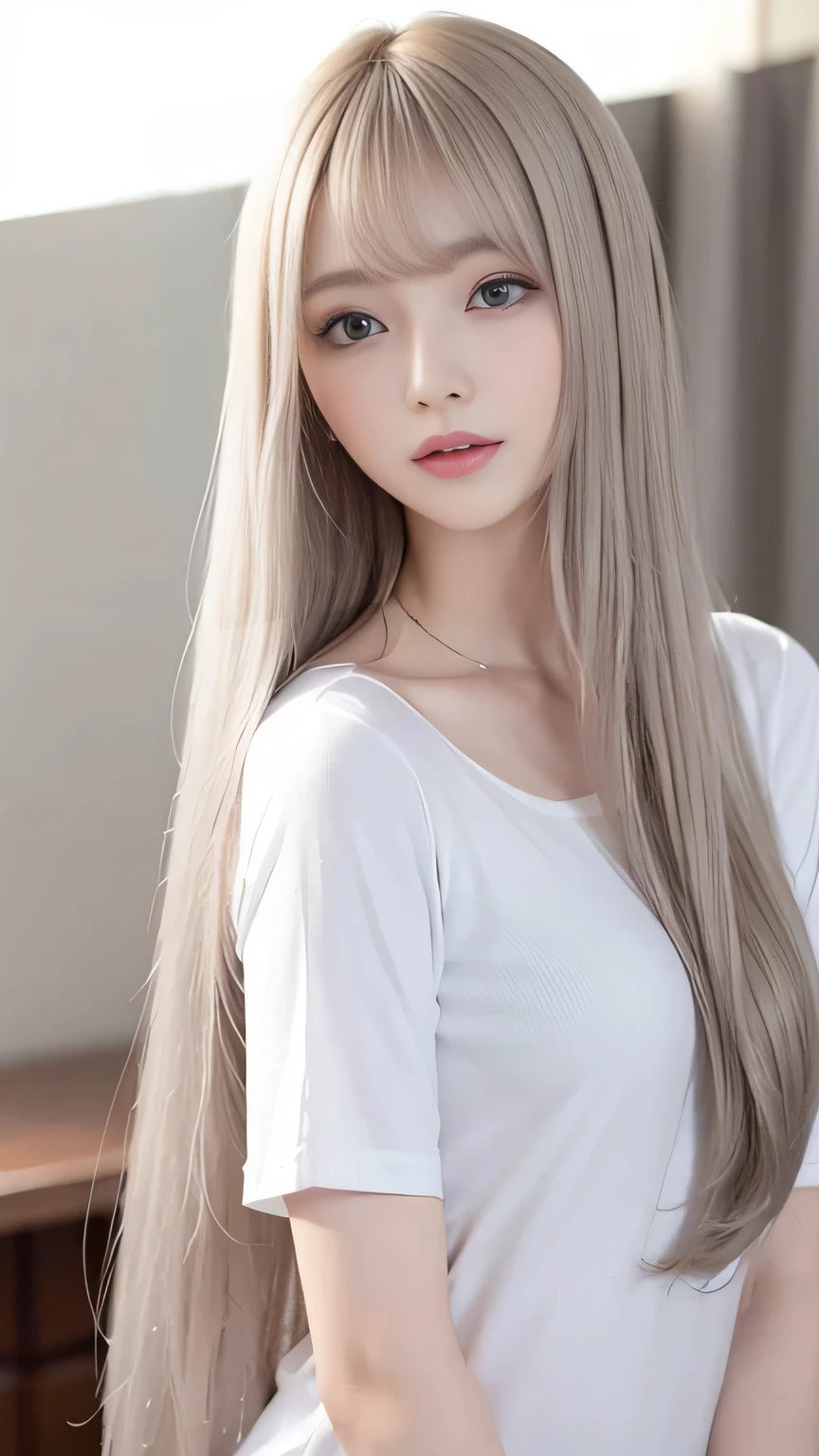 Silver Shiny Hair、Super long straight silky hair、Dazzling blonde, super long, silky hair、 cute little beautiful face、Beautiful girl、A radiant blonde dancing in front of a beautiful face、length, Silky bangs that cover the area between the eyes、so beautiful, bright, big, bright青い目、Very big eyes、Hair that hides the face、Sexy and cute young woman with super long bangs、Very white skin、Cheek Gloss Highlighter、Small Face Beauty、Round face、Cute Shirts、Ample Bust