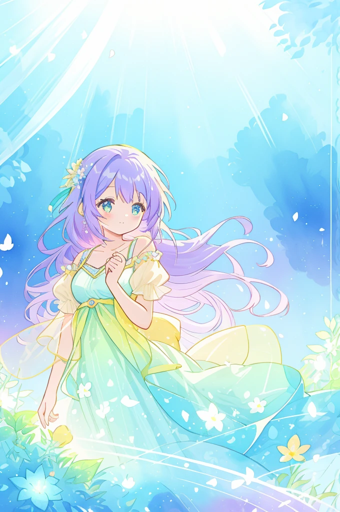 beautiful girl in yellow mint gradient flowing dress, long flowing blue-purple hair, colorful fantasia background, watercolor illustration, disney art style, glowing aura around her, glowing lights, beautiful digital illustration, fantasia otherworldly landscape plants flowers, beautiful, masterpiece, best quality, anime disney style