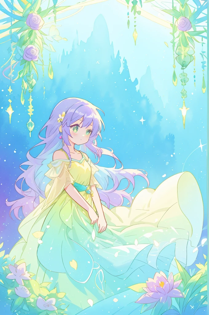 beautiful girl in yellow mint gradient flowing dress, long flowing blue-purple hair, colorful fantasia background, watercolor illustration, disney art style, glowing aura around her, glowing lights, beautiful digital illustration, fantasia otherworldly landscape plants flowers, beautiful, masterpiece, best quality, anime disney style
