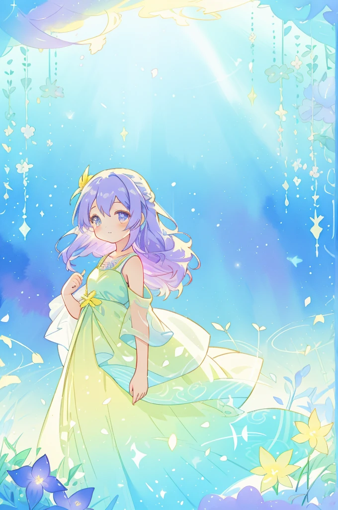 beautiful girl in yellow mint gradient flowing dress, long flowing blue-purple hair, colorful fantasia background, watercolor illustration, disney art style, glowing aura around her, glowing lights, beautiful digital illustration, fantasia otherworldly landscape plants flowers, beautiful, masterpiece, best quality, anime disney style