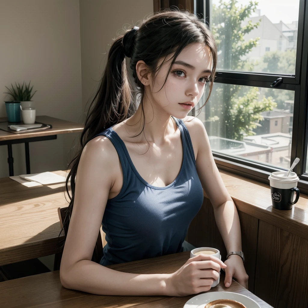 ((best qualityer)), ((work of art)), (detailded), ((1girl)), 18-years old, ((white skin)), black eyes,black wavy hair,sitting at the dining table, having breakfast,coffee cup on the table, full table ((breakfast)) hair tied up in a ponytail, sleepy face, perfect body, light coming in from the window, luminous face, wearing a blue tank top, wearing light shorts, smartwatch on the right wrist on the table,looking at the camera, ((a person))