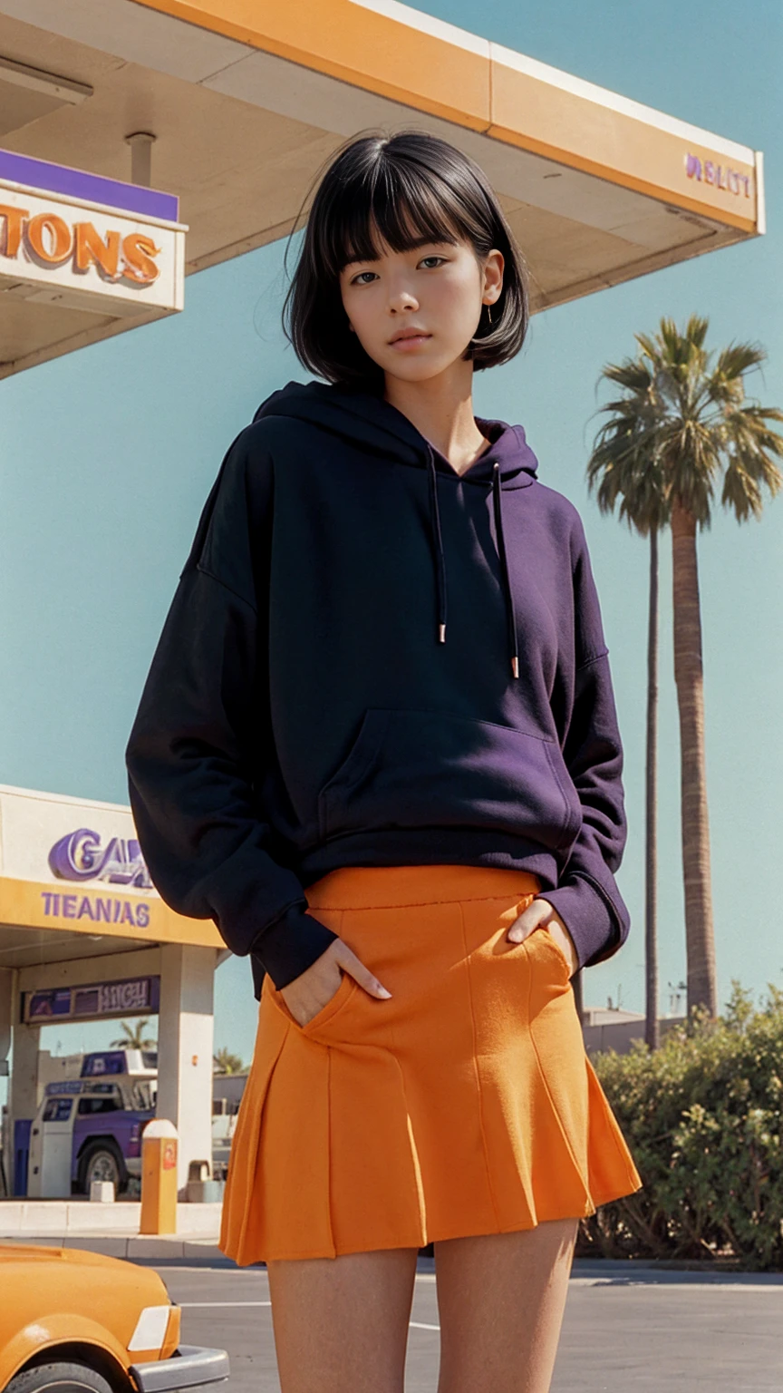 long shot portrait of cute 23 yo girl ,wear ((orange color oversized hoodie)), wear ((purple tennis skirt)),looking viewer,Best Quality,Masterpiece,Ultra High Resolution,(Realisticity:1.4),Original Photo, 1Girl, light leak,ultra high resolution,UHD,beautiful, (black bob hair), almond eye, no makeup, in front of ((80's gas station)), (realistic:1.2), (very detailed:1.1), ((masterpiece)),summer, blue sky, palm trees,sunny, los angles vibes,film camera, 800mm lens,style of Philip Lorca diCorcia