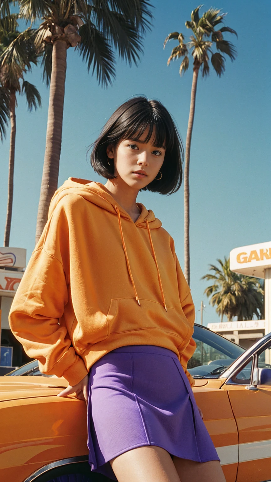 long shot portrait of cute 23 yo girl ,wear ((orange color oversized hoodie)), wear ((purple tennis skirt)),looking viewer,Best Quality,Masterpiece,Ultra High Resolution,(Realisticity:1.4),Original Photo, 1Girl, light leak,ultra high resolution,UHD,beautiful, (black bob hair), almond eye, no makeup, in front of ((80's gas station)), (realistic:1.2), (very detailed:1.1), ((masterpiece)),summer, blue sky, palm trees,sunny, los angles vibes,film camera, 800mm lens,style of Philip Lorca diCorcia