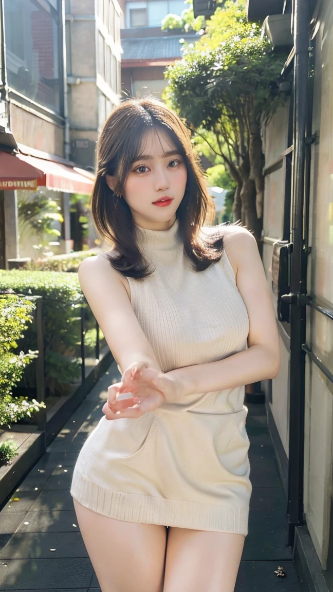 ((Highest quality,4K,High resolution,masterpiece:1.2)), 1 female, Big Breasts, Improve her overall look. (Brown hair short bob), ((Exquisite detail)), (((10 fingers))), (Standing still with confidence), (Full-body showcase), (Show your whole body), (Sleeveless knit), (mini skirt), Scenery of the city.