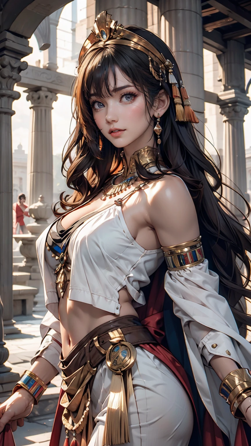 ((最high quality, 8K, masterpiece: 1.3, Ultra HD, high quality, 最high quality, High resolution, realism)) 、Egyptian Pharaoh、Cleopatra、Black Hair、Bangs（Horizontal)、Cleopatraカットヘアー、Ancient Egyptian Dynasty Decoration、Ancient Egyptian Palace、Hieroglyphics carved into the pillars、