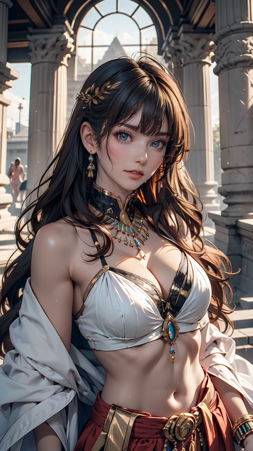 ((最high quality, 8K, masterpiece: 1.3, Ultra HD, high quality, 最high quality, High resolution, realism)) 、Egyptian Pharaoh、Cleopatra、Black Hair、Bangs(Horizontal)、Cleopatraカットヘアー、Ancient Egyptian Dynasty Decoration、Ancient Egyptian Palace、Hieroglyphics carved into the pillars、