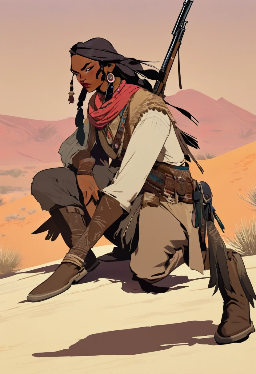 score_9, score_8_up, score_7_up, score_6_up, score_5_up, score_4_up, 1mam , Western, far away, Wild West, red dead Redemption, cartoon art style, Hunting, desert, Nightfall, Indigenous, Solo, Bow, Hunter, Thong, Indian Makeup, No clothes, Crouching, stealthy, long straight hair, Plume