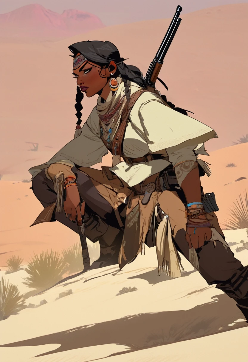 score_9, score_8_up, score_7_up, score_6_up, score_5_up, score_4_up, 1mam , Western, far away, Wild West, red dead Redemption, cartoon art style, Hunting, desert, Nightfall, Indigenous, Solo, Bow, Hunter, Thong, Indian Makeup, No clothes, Crouching, stealthy, long straight hair, Plume