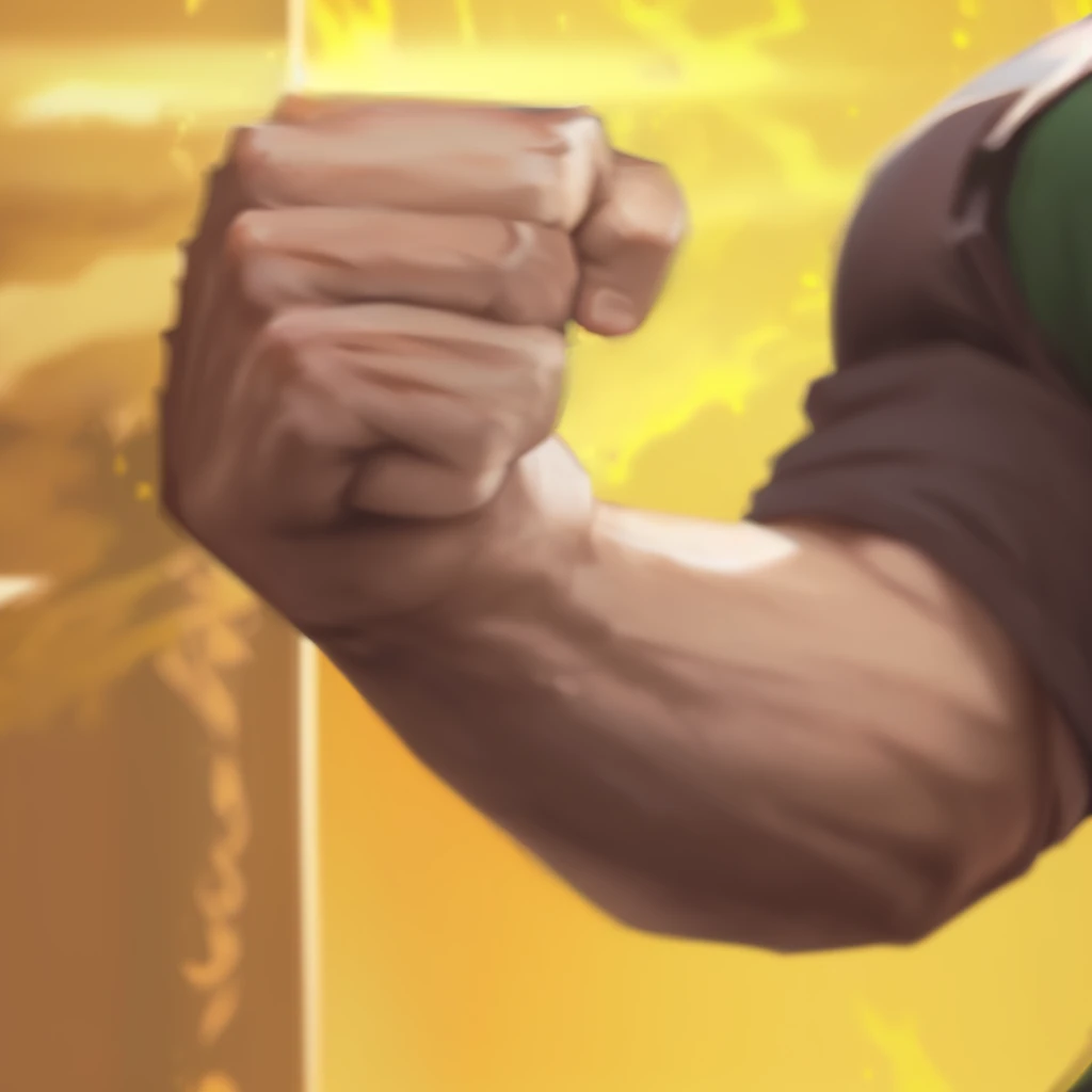 there is a man with a fist in a fist pose, heavy gesture style closeup, doomfist, buff painting, doomfist from overwatch, heavy jpeg artifact blurry, detailed arms, showing off biceps, ( ( extreme detail ) ), golden pauldrons, closeup of arms, extreme hand detail, buff man, big biceps, very buff, scaled arm, closeup of fist