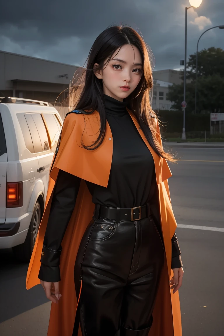 long black-haired white wear military suit, orange cape, big hazel eyes, sci-fi, dark mood, charturnerv2