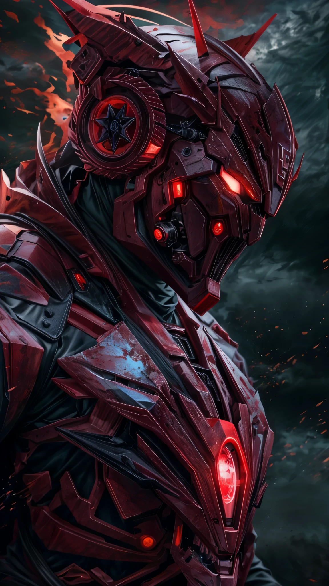 a powerful demon-possessed iron man, demonic cybernetic armor, horns, glowing red eyes, (best quality,4k,8k,highres,masterpiece:1.2),ultra-detailed,(realistic,photorealistic,photo-realistic:1.37),dynamic composition, vivid demonic colors, dark moody sky background, extremely detailed powerful character, action pose, intimidating presence