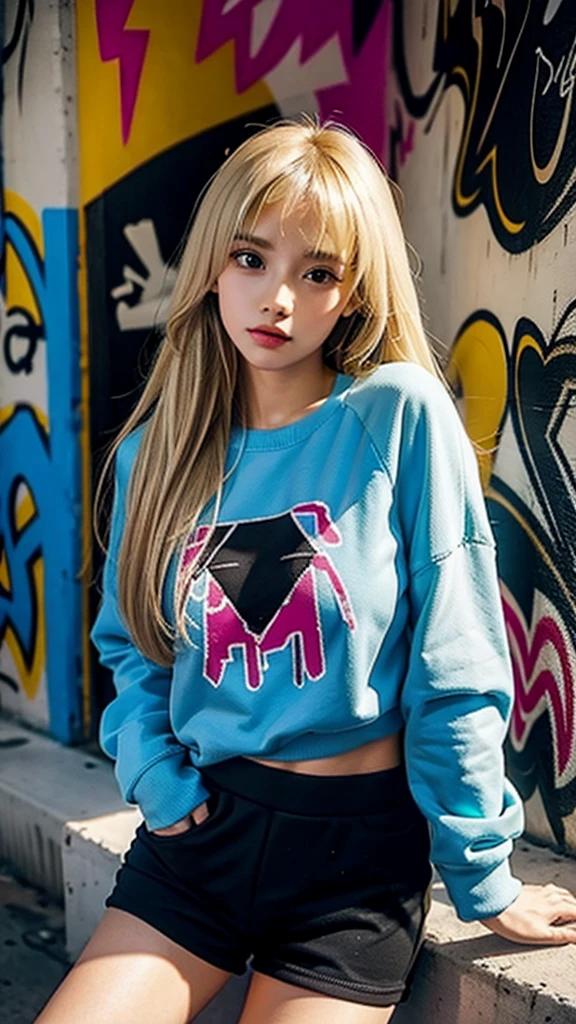 A young woman with long, straight, blonde hair and bangs, wearing a colorful, graffiti-style sweatshirt and black shorts, sits in front of a graffiti-covered wall. She has a serious expression and is looking directly at the camera.